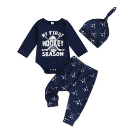 My First Hockey Season Baby Boy Outfits New Player in Town Bodysuit Ice Hockey Jogger Pants Hat Cute 3Pcs Newborn Fall Clothes Welcome Home 3 6 12 18 Months (Blue, 0-3 Months)