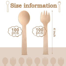 200 Count 4 Inch Mini Wooden Disposable Spoons and Forks Disposable Wooden Cutlery Set Birchwood Material Utensils Spoons Forks for Tableware Parties Weddings Camping Ice Cream Supplies