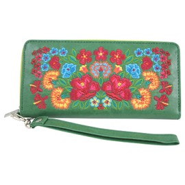 Skelapparel Beautiful Floral Arrangement Embroidered Large Wristlet Ziparound wallet (Green)