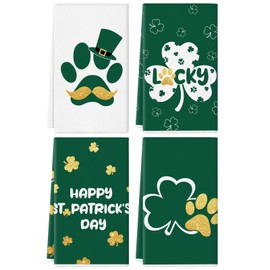 QIONG MENG Happy St. Patrick's Day Kitchen Towels Set of 4 Lucky Shamrock Dog Paw Dish Towels Gifts for Dog Lovers Seasonal Drying Hand Towels Home Decorations 18x26 Inch