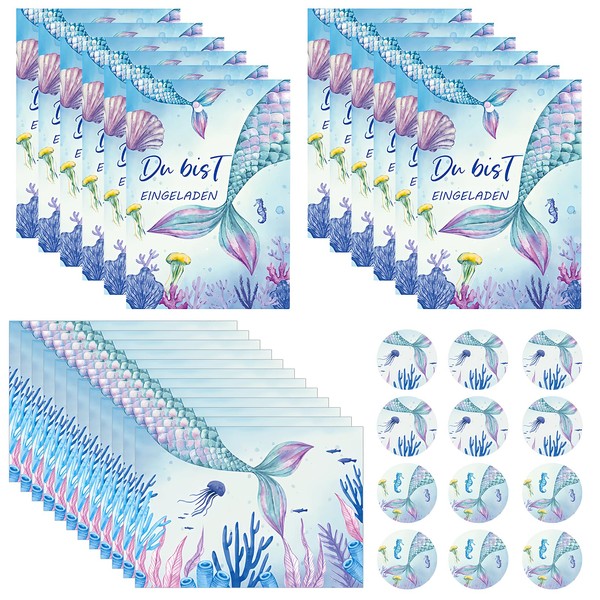 Fodlon 12 x Cute Card Set with Mermaid Motif, Invitation