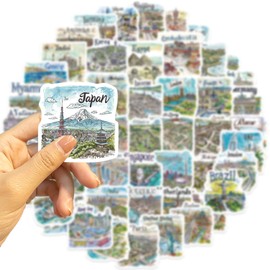 World Travel City Aesthetic Stickers for Scrapbook, 50PCS Travel Map Landmark Vinyl Waterproof Stickers for Water Bottle,Laptop,Suitcase,Journal,Hand-Painted Cityscape Tourism Decals for Teens Adults