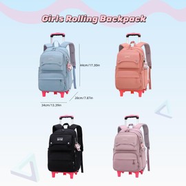LANSHIYA Solid Color Girls Rolling Backpack with Wheels Schoolbag Elementary School Student Trolley Daypack