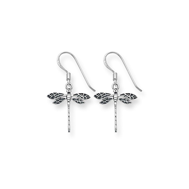 Sterling Silver Oxidised Dragonfly Dangle Earrings - SIZE: 15mm x