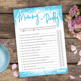 20 x Mummy or Daddy Baby Shower Game - Boys Blue Glitter Effect (20 Guest Cards + 1 Card of Answers for The Host + Winner's Certificate)