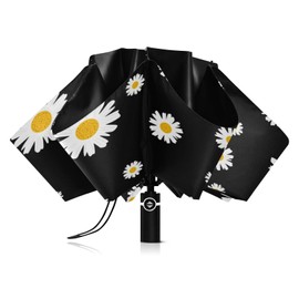 FFYHO Automatic Folding Compact Umbrella,White Daisies Windproof Reverse Umbrellas,8 Ribs Strong Umbrella for Wind and Rain,Fits Car & Backpack & Travel