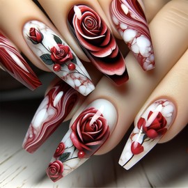 Rose Flower Press on Nails Red Long Coffin Fake Nails with Floral Gradient Designs 24 Pcs Natural Reusable Acrylic Nail Full Cover Stick on Nail for Women Romance WYFHDT