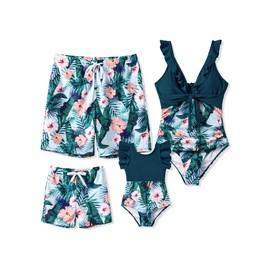 PATPAT - Traje de baño familiar a juego para mamá y mí de una sola pieza con tirantes y volantes, Aqua Deep Green, 3 Años/4 Años