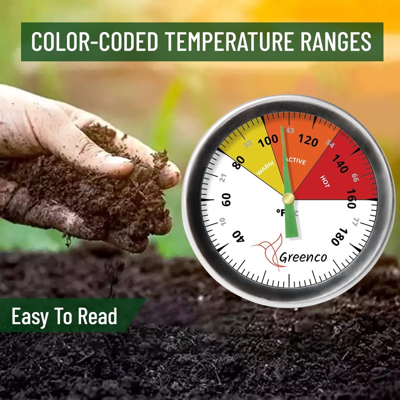Compost Soil Thermometer by Greenco, Stainless Steel, Celsius and Fahrenheit