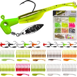 VMSIXVM Crappie Lures Jigs Heads Kit, 110 Pcs Underspin Fishing Jig Heads Hooks Lures Swimbait with Crappie Baits Soft Plastic Split Tail Grub Shad Minnow for Freshwater Saltwater Bass Trout Walleye
