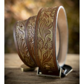 Angus Stoke Buffalo Leather Western Belt - Handmade Cowboy & Western Belt for Men and Women with Belt Buckle, Leather Belt Hand Embossed Jeremy, brown