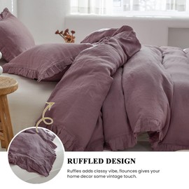 Simple&Opulence 100% Linen Duvet Cover Set, 3 PCS Natural French Flax Purple Ruffle Duvet Cover Queen Size, Breathable Comfy Linen Bedding Comforter Cover with 2 Pillowcases (Purple, 88" X 92")