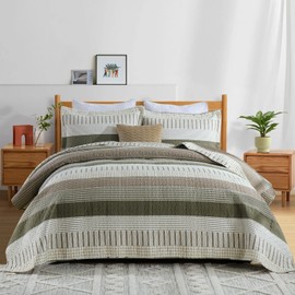 Y-PLWOMEN 100% Cotton Quilts Queen Size - 3 Piece Striped Quilt Set, Farmhouse Queen Quilt Lightweight Cozy Bedspread Sets for All Season, Brown Moonbean