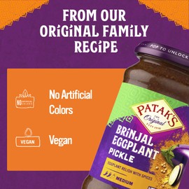 Patak’s Brinjal Eggplant Pickle - Medium Heat Spicy Indian Pickle Relish w/Mustard Seeds, Garlic & Aromatic Spices - Vegan & Gluten-Free Indian Eggplant Achar - Ready to Serve - 11oz Jar (Pack of 1)