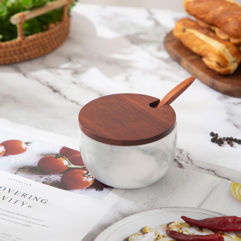 NHKRTE Marble Salt Cellar with Lid & Spoon, 11oz Salt