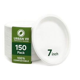 URBAN VII 7-inch Compostable Plates [150 -Pack] – White Disposable Bagasse Paper, Heavy Duty, Microwave Safe, Grease Resistant, Eco Friendly (PFAS-Free) – Great for Parties, Picnics & Desserts