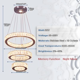 Finktonglan Dimmable Modern LED Chandeliers Adjustable 3 Rings Crystal Chandelier Ceiling Light Fixture Stainless Steel Pendant Lighting Fixtures for Dining Room Living Room Kitchen (Remote Included)