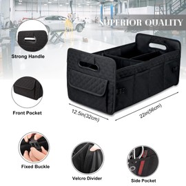 JiatuA Car Trunk Organizer for SUV, Car Storage Organizer Collapsible Multi Compartment Container Box, Adjustable Car Accessories for Women/Men, Black