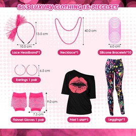 AUTOWT 80s Women Costume Set, 18 Pieces 80s 90s Accessories Set Outfit with T-Shirt, Geometric Legging Pants Earring Necklace Gloves Bracelet for 1980s Cosplay Party (Black, L)