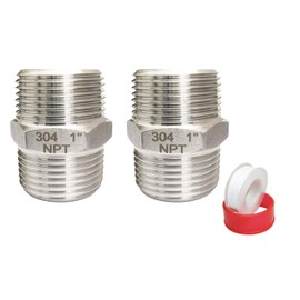 POTONZ 1" Male x 1" Male NPT Threaded Hex Nipple Pipe Fittings 304 Stainless Steel Pipe Adapter Fittings Equal Nipples Connectors With Teflon Plumbers Tape (Pack of 2)