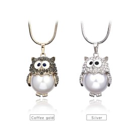 Fashion Necklace for Women,Brilliant Owl Pendant Necklace for Girls Imitation Pearl Long Chain Necklace with Shining CZ Crystal (Coffee Gold Owl)