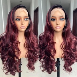 Perücke aus Kunsthaar, Ombré-Rot, mit Strähnen, 13 x 6 cm, HD, ohne Klebstoff, vorgezupft, schwarze Wurzeln mit Reflexen, Kupfer, gemischt, 99J, gewellt, 66 cm, bereit zum Tragen, für schwarze und