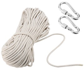MAHIONG 6mm x 50m Soft Cotton Rope, 164 Feet 1/4 Inch Thick Natural Washing Line Cotton Rope with Stainless Steel Hooks, Multipurpose Pulley Basket Line Clothesline for Outdoor DIY Decoration, White