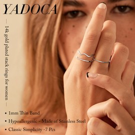 YADOCA 7 Pcs 1MM Stainless Steel Rings for Women Men Fashion Simple Plain Knuckle Stacking Midi Thumb Dainty Thin Stackable Statement Band Rings Set Size 5-11 Silver Gold Tone