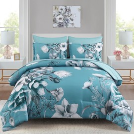 Luxudecor Floral Comforter Set Full Size 7 Piece, Teal Blue Flower Bed in a Bag, Elegant Comforter Bedding Set for All Season (Teal Blue, 80"x90")