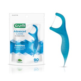GUM Advanced Care Floss Picks - Dental Flossers for Adults with Vitamin E and Fluoride - Extra Strong Shred-Resistant Dental Floss, Easy Grip Handle, Fresh Mint Flavor, 90 ct