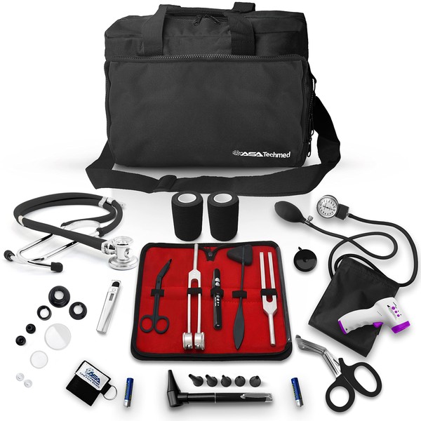ASA TECHMED Nurse Essentials for Work Starter Kit, Stethoscope, Blood Pressure Monitor, Otoscope, Tuning Forks and More. 18 Pcs Doctor Kit, Nurse Gift (Black)