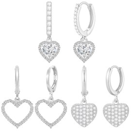 NEWITIN 3 Pairs Heart Earrings for Women Hypoallergenic Silver Heart Dangle Drop Earrings Trendy Cubic Zirconia Dangle Earring Hearts Hoop Earring for Women