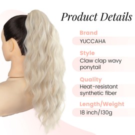 Claw Wavy Ponytail Extension 18 Inch for Women Curly Pony Tail Clip in Hair Extensions Shoulder Length Fluffy Natural Looking Synthetic Hairpiece for Daily Use (Ash Blonde)