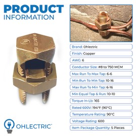 OHLECTRIC High Conductivity Hex Head Split Bolt Connectors, Reliable Copper Alloy Construction for Direct Burial - Wire Size 6 AWG, Perfect for Contractors and Electricians- OL-93439, Pack of 5