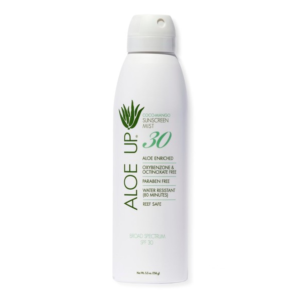 Aloe Up White Collection Continuous Sunscreen Spray SPF 30 - Broad Spectrum UVA/UVB Sunscreen Protector for Face and Body - With Moisturizing Aloe Vera Gel - Reef Safe - Coco-Mango Fragrance - 6 Fl Oz