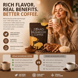 ZOAAD Mushroom Coffee - 6 Organic Adaptogenic Mushrooms with Lion’s Mane & Cordyceps, Smooth & Delicious Low-Caffeine Instant Coffee, Boost Energy, Focus & Immune Support, 30 Servings, 6.35oz