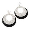 Black Enamel Cut Out Hoop Earrings in Silver Tone/75mm Drop
