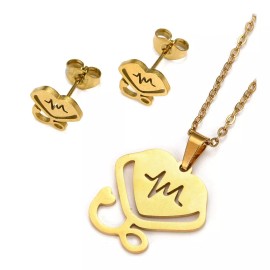 Unbranded Stainless Steel Set Pendant Necklace Earrings Heart 15.7" 9.5x9.5x1mm 0.7mm Z805