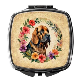 Caroline's Treasures Bloodhound and Flowers Compact Mirror Decorative Travel Makeup Mirror for Women Girls Gifts Pocket Makeup Mirror Folding Handheld