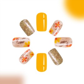 Fall Press on Nails Short Square Fake Nails Thanksgiving False Nails with Cute Leaf Flower Design Glossy Glue on Nails Gold Glitter Acrylic Nails Autumn Full Cover Stick on Nails for Women 24Pcs