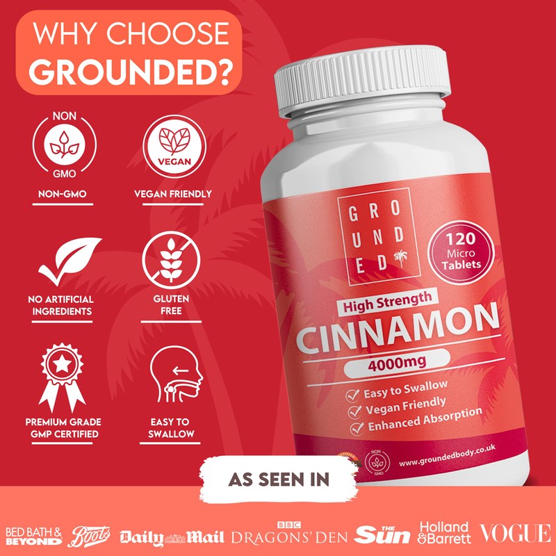 Grounded High Strength Cinnamon 4000mg, 120 Tablets, 2 Month Supply
