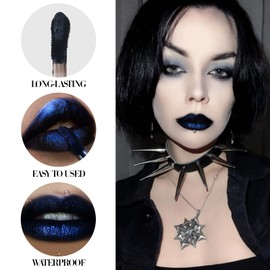 Afflano Dark Blue Lipstick Metallic Gothic Makeup, Goth Black Lipstick Blue Waterproof, Colour Changing Shimmering Lip Gloss Long-Lasting, Dark Blue Lipstick for Everyday Goth Make-Up #07