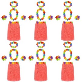 6 x Red 5-Piece Hula Skirt & Flower Leis Outfit Set – Adults Group Fancy Dress Costume with Hula Skirt, Lei Garland, Headband, Wristbands – Womens Beach, Hawaiian & Tropical Party Accessories Pack