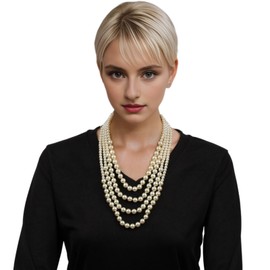 Florate Pearl Necklace and Earrings Set for Women Bib Multi Layered Strand Pearls Necklaces Beaded Long Costume Summer Jewelry (white)