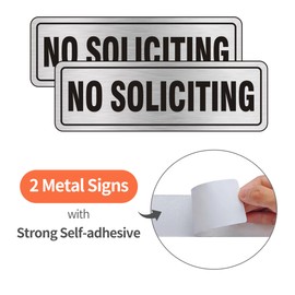 No Soliciting Sign for Front Door, (2 Pack) Self-Adhesive Aluminum Metal No Solicitation Signs for House Home and Business (9" x 3", Brushed Nickel/Black)