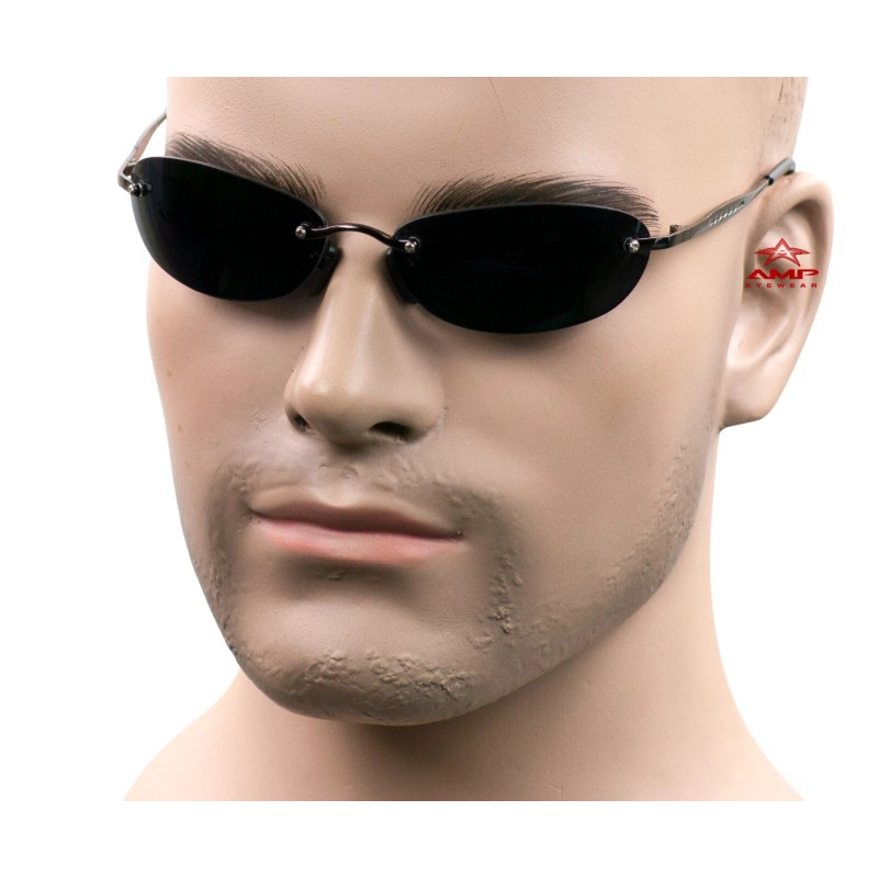 AMP Small Rimless Oval Neo Matrix Style Sunglasses Metal Super