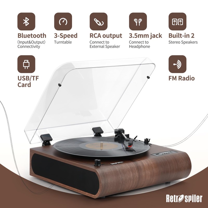 Retrospiler Record Player, 3 Speed Bluetooth Turntable with Built-in Speakers,