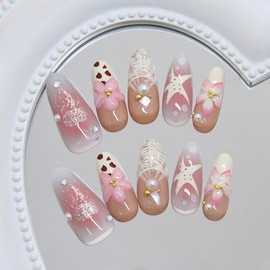RikView Uñas postizas medianas de almendra, color rosa con diseño floral, acabado brillante, cobertura total, para mujer, 30 piezas/set.