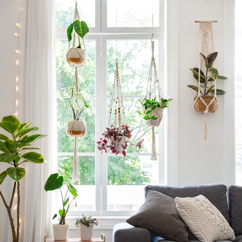 Mkono Macrame Plant Hangers, 5 Pack Different Tiers Indoor Hanging