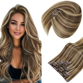 Sunny Hair Clip in Hair Extensions Straight Human Hair Clip in Extensions Remy Clip in Hair Extensions Real Human Hair Extensions Clip ins Full Head Dark Brown Highlights Caramel Blonde 24inch